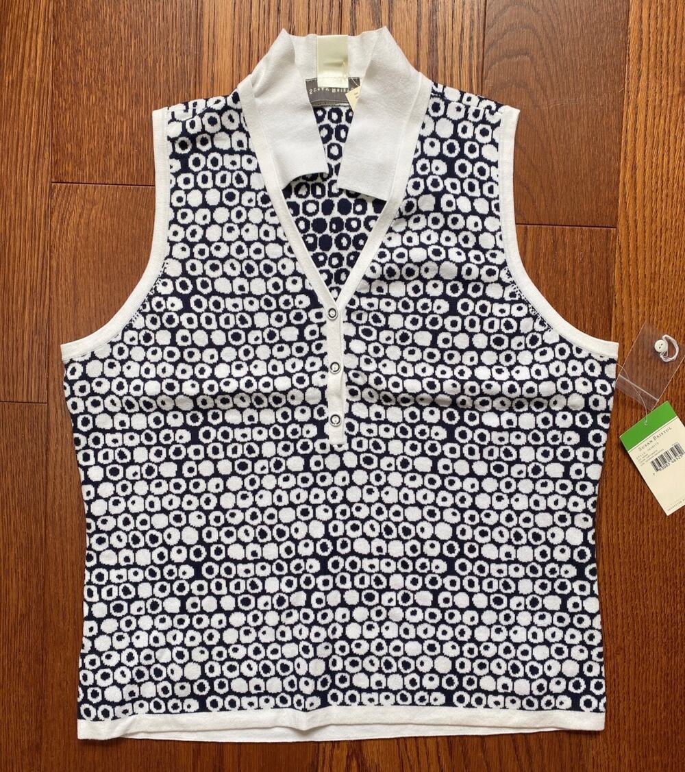 NWT Susan Bristol Vintage V Neck Knit Black/White Dot Sleeveless Sweater Vest L